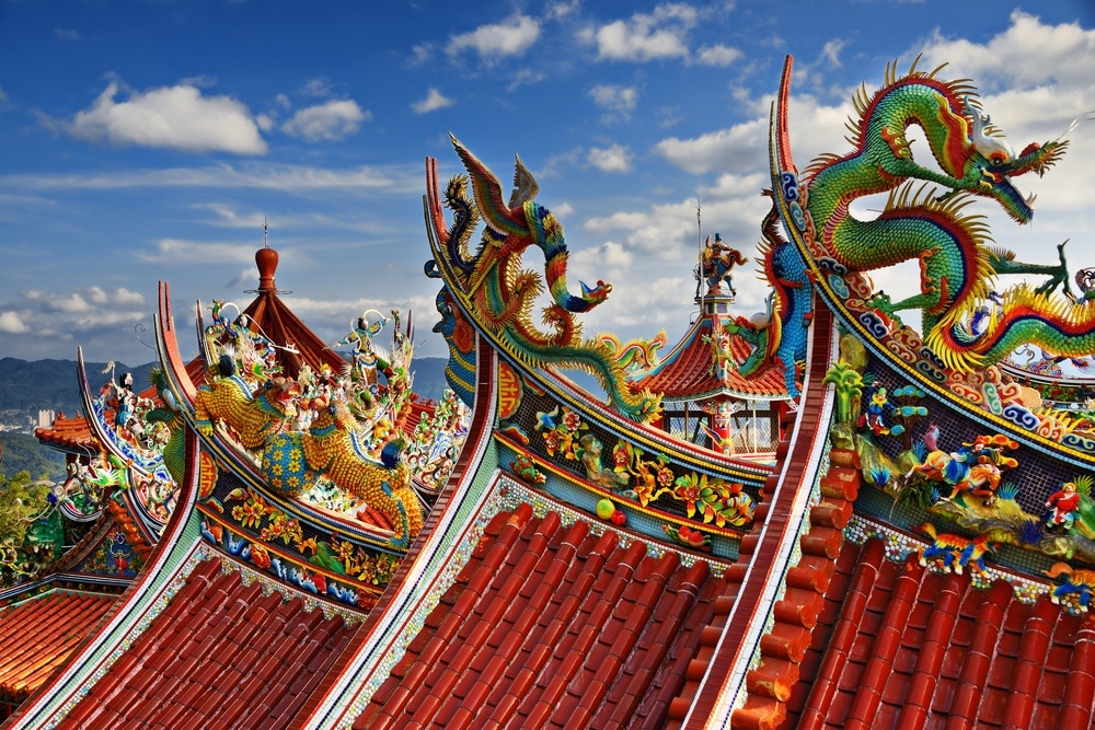 Ornate Chinese Temple detail in the sky.